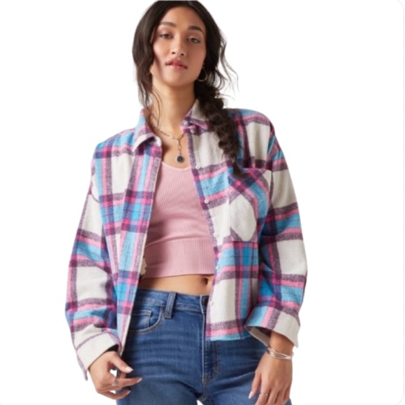 Francesca's Plaid Shacket Flannel Oversized Shirt Blue Long Sleeve Cotton Large - Picture 1 of 9